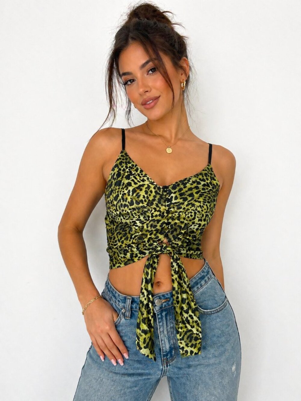 Leopard Tie Front Crop Top | Green Smocked Back | Cute & Trendy
